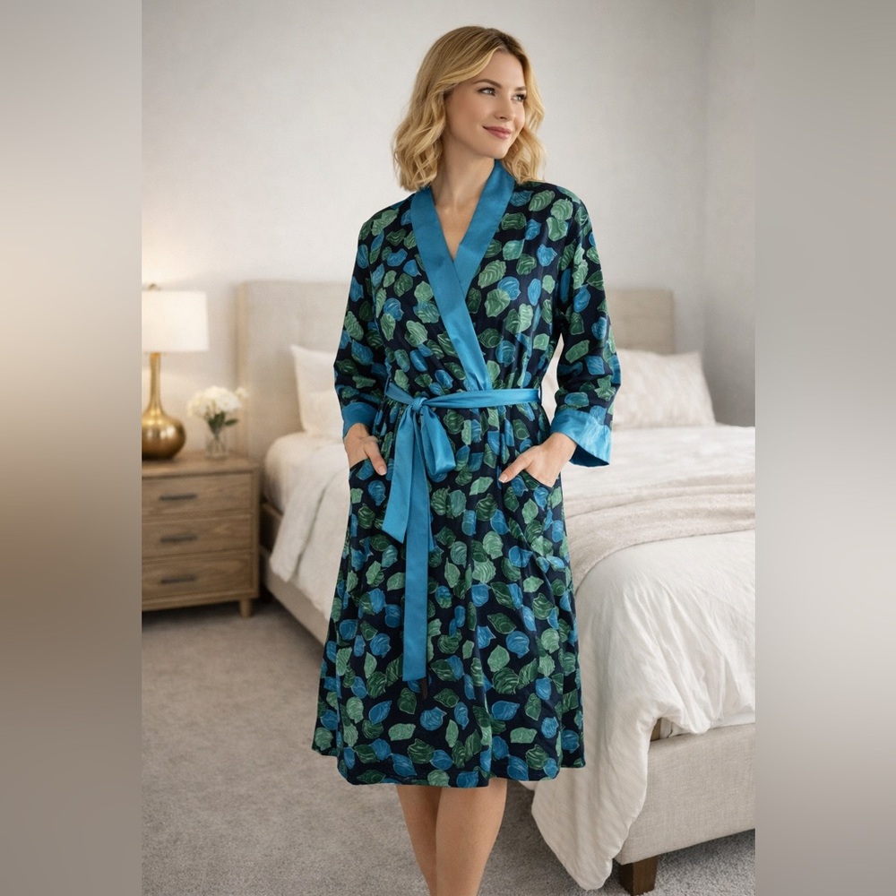 Vintage Victoria’s Secret Gold Label Robe‎ M/L Blue Green Floral Satin Tie Waist
